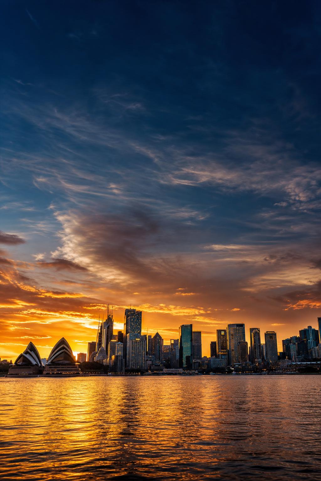 Australian city skyline at golden hour — deep blues and warm amber light reflecting off the water